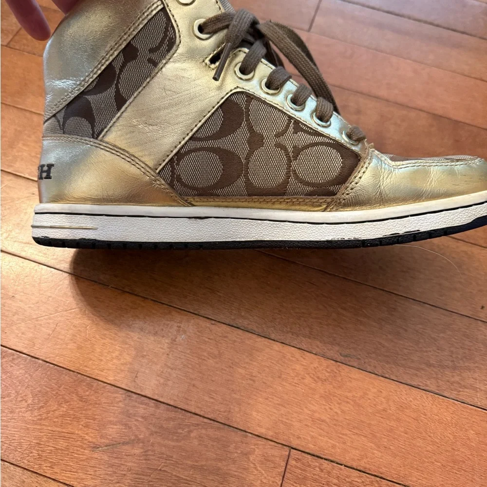 Coach Metallic Gold and Brown High-Top Sneakers - Picture 13 of 16